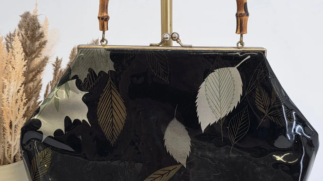 Vintage Black Patent Leaf Print Handbag Bamboo Handle Kiss Lock Clasp