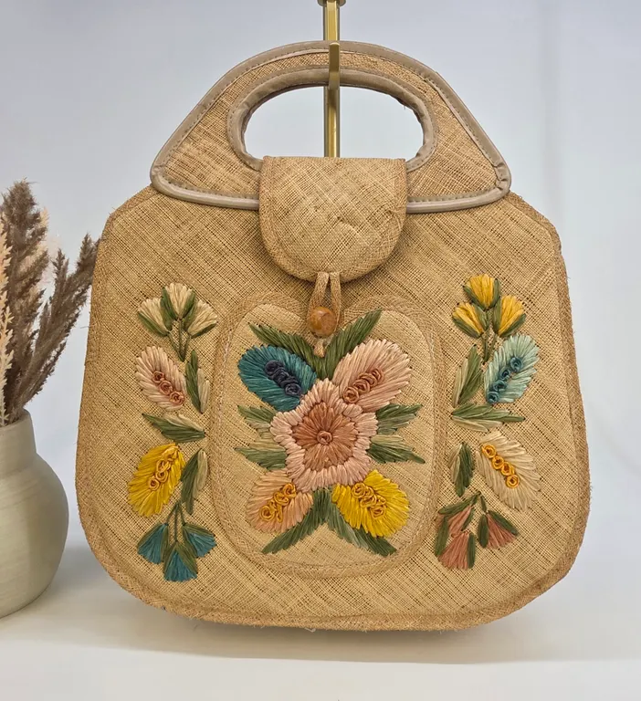 Vintage Bags By Whidby Straw Handbag Floral Raffia Embroidery Woven Boho Tote