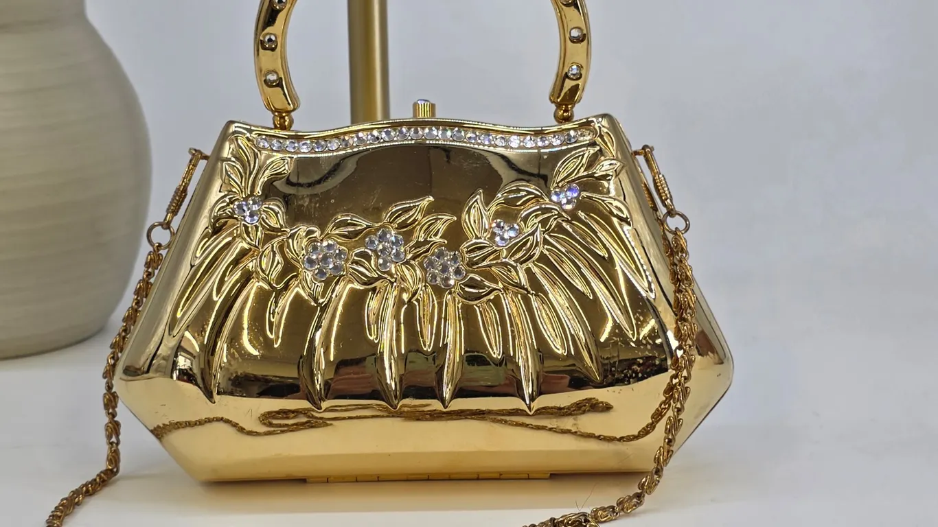 Farfalla Collection Gold Rhinestone Floral Hard Shell Evening Clutch Bag Chain