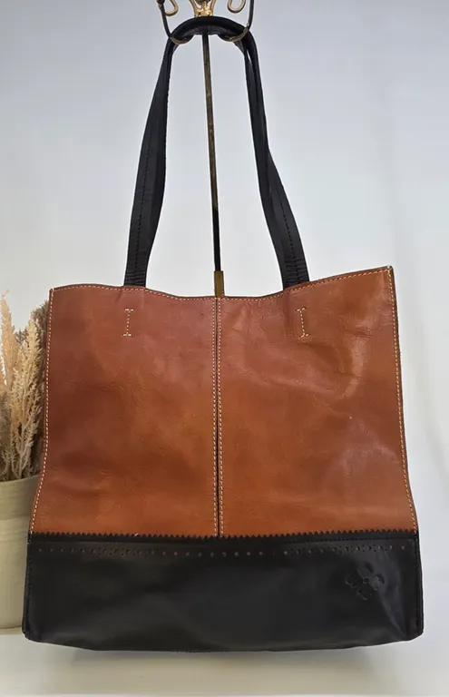 Patricia Nash Italian Leather Tote Bag Cognac Brown Black Perforated Brogue Trim