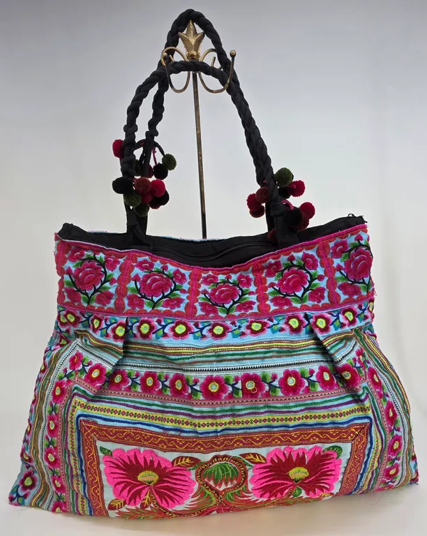 Z&L Europe Boho Floral Embroidered Pom Pom Tote Bag Blue Pink Cotton Large