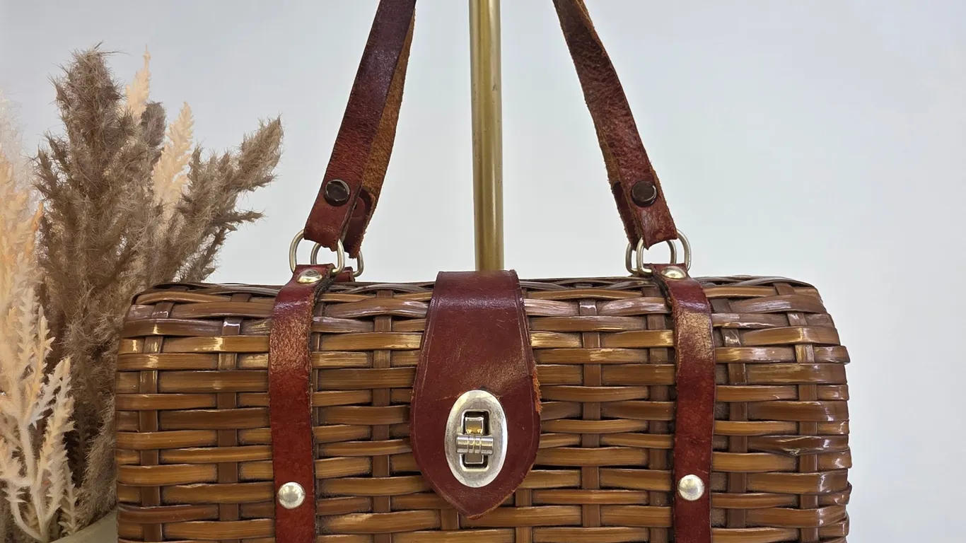 Vintage Wicker Basket Bag Brown Leather Trim Turn Lock Made in Hong Kong