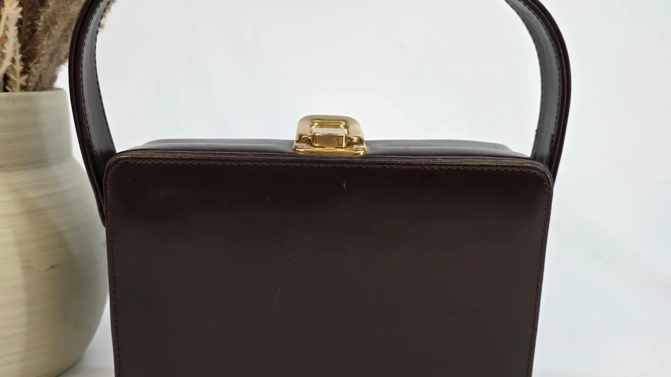 Vintage Brown Structured Box Bag Gold Flip Lock Top Handle Purse