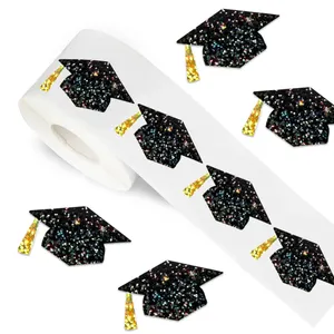 500Pcs Graduation Cap Stickers Holographic Grad Hat Paper Decal Grad Cap Black Gold Sparkly Seal Sti