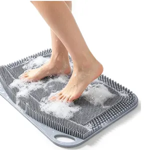 Large 17.3 x 13 Inch Silicone Shower Foot Scrubber Mat with Suction Cups Gray Open Box