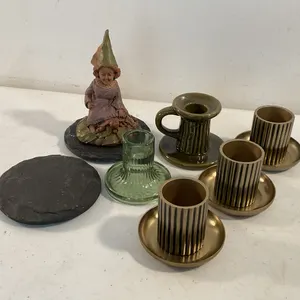 Assorted Candle Holders, Gnome Figurine & Slate Coasters