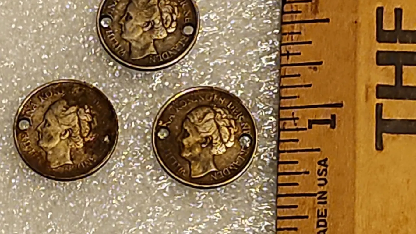 Three-1944 "P" Mint Wilhelmina, Queen Of The Netherlands 10 Cent Coins WWII, All Have 2 Holes, Belie