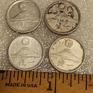 4 Great Japan 1 Sen, Mt. Fuji/Chrysanthemum Japanese Aluminum Coins Issued 1941-1943