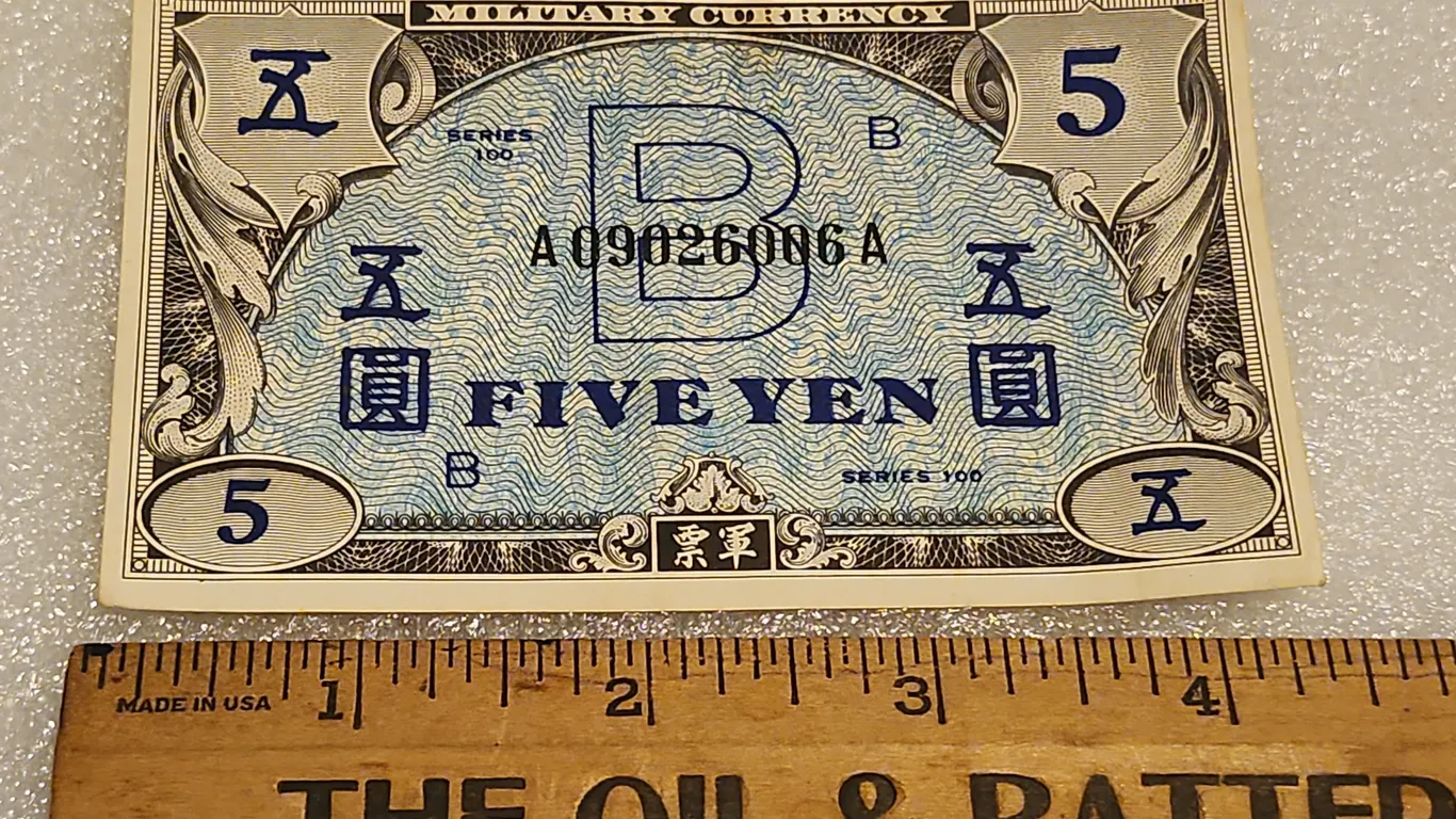 1945 Japanese 5 Yen Allied Military Currency ''B'' Series 100 From The Post-WWII Allied Occupation O