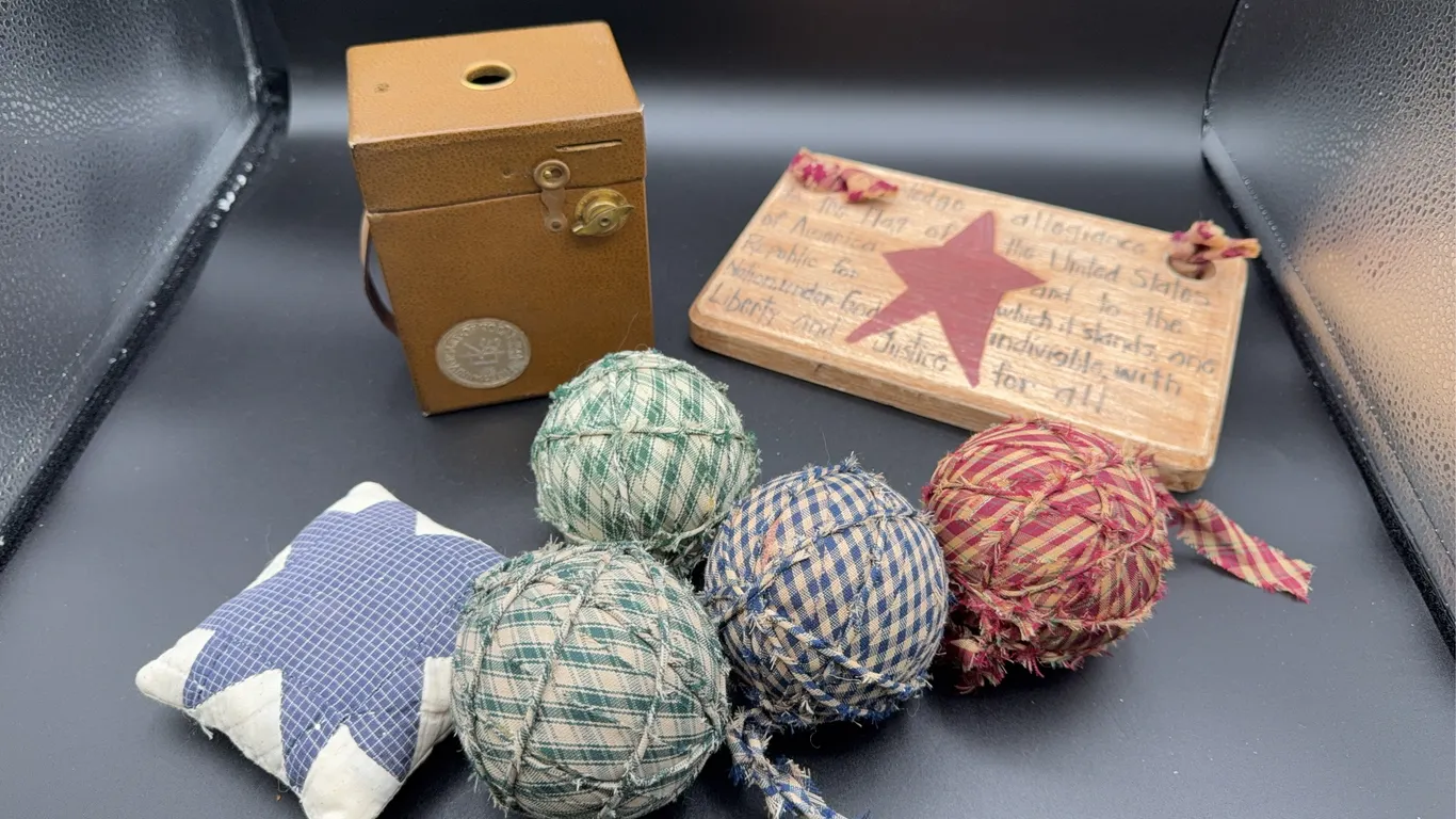 Kodak Eastman Box Camera & Primitive Rag Balls & Sign
