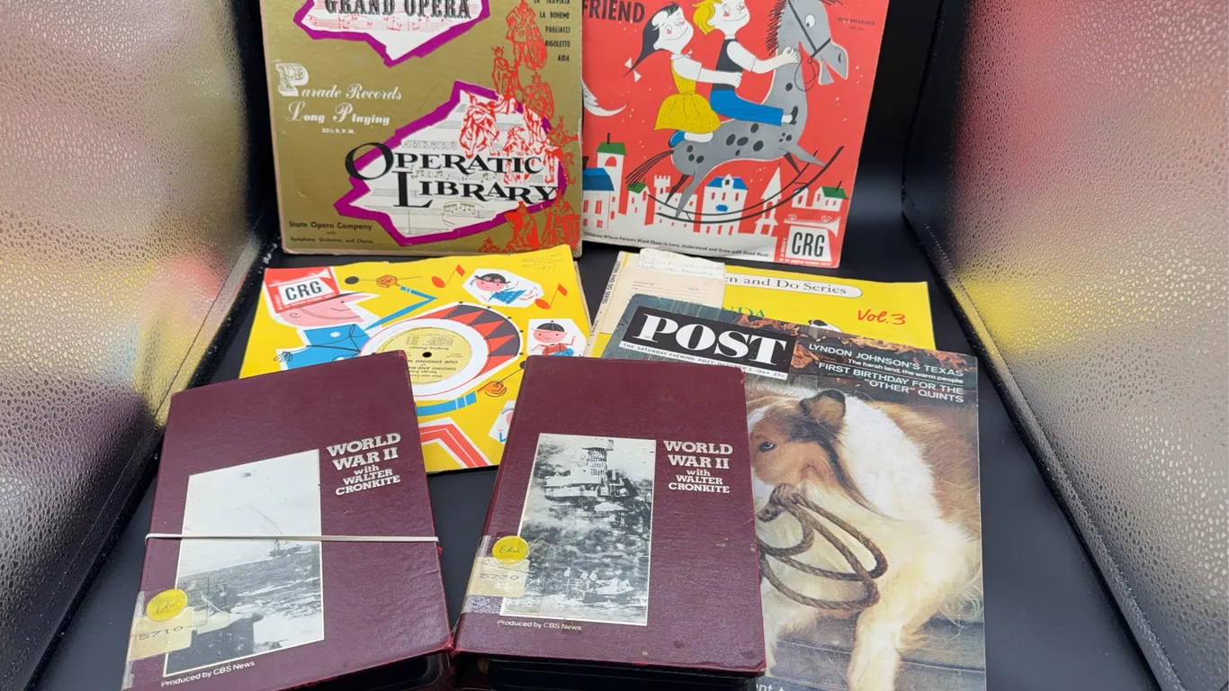 Box Lot Vinyl Records, Post Magazine & World War II w/ Walter Cronkite VHS Tapes