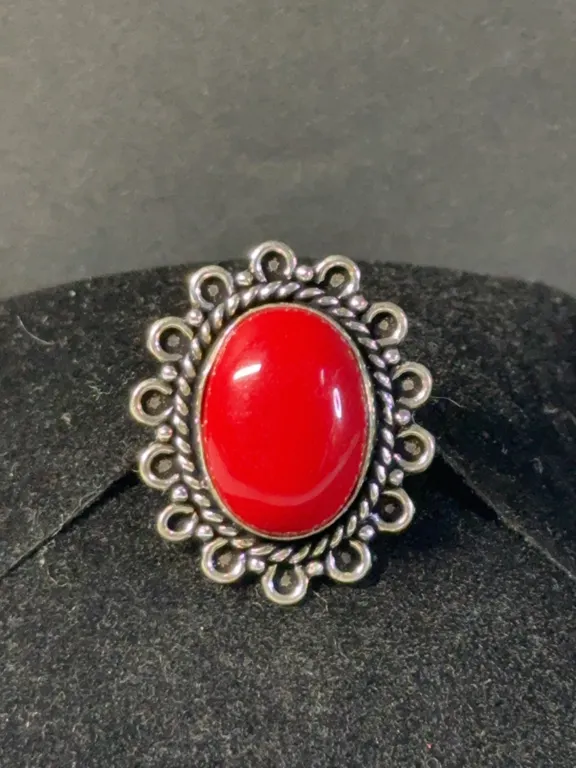 “Red Coral” Ring Jewelry, German Silver, Size-7