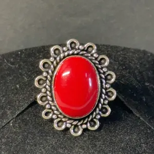 “Red Coral” Ring Jewelry, German Silver, Size-7