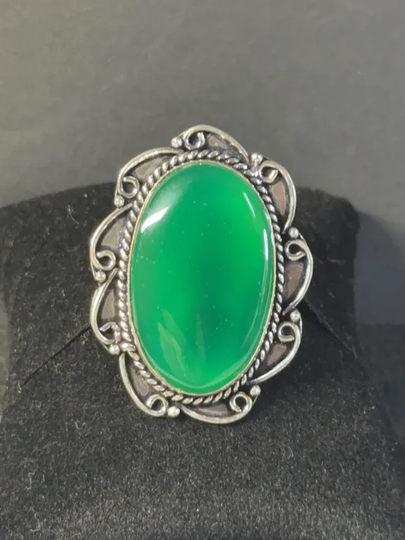 “Green Onyx” Ring Jewelry, German Silver, Size-6