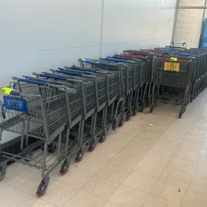 Metal wire shopping carts. Features a folding child seat with safety strap, plastic handle sleeve, and lower wire storage tray. Mounted on casters.