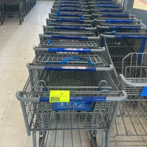 Metal wire shopping carts. Features gray wire basket, folding child seat with restraint belt, lower package tray, plastic handle wrap, and front swive