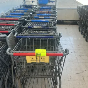 Metal wire shopping carts. Features metal wire basket construction, folding child seats, lower wire rack trays, and plastic handle sleeves. Nesting de