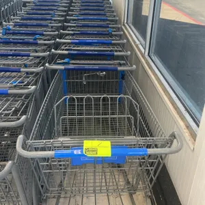 Metal wire shopping carts. Features wire basket construction with folding child seat, blue plastic corner bumpers, and lower wire storage tray. Mounte