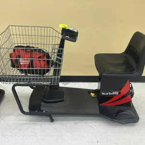 Amigo Value Shopper motorized shopping cart. Features front wire basket, molded seat, handlebar throttle controls, and onboard charging system with co