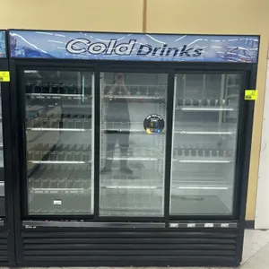 Turbo Air TGM-69RB 3-door reach-in display refrigerator. Features sliding glass doors, illuminated Cold Drinks top display canopy, multi-tier adjustab