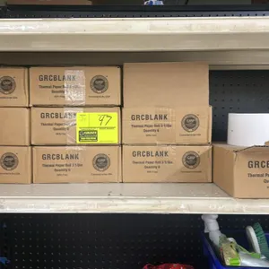 GRCBLANK thermal receipt paper rolls. Features 3 1/8" wide BPA-free paper rolls packaged 6 rolls per box across multiple boxes. Note: One box is opene