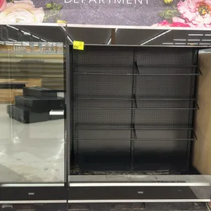 Borgen self-contained refrigerated floral display case. Features an open-front design, adjustable tiered display racks, black pegboard back panel, and