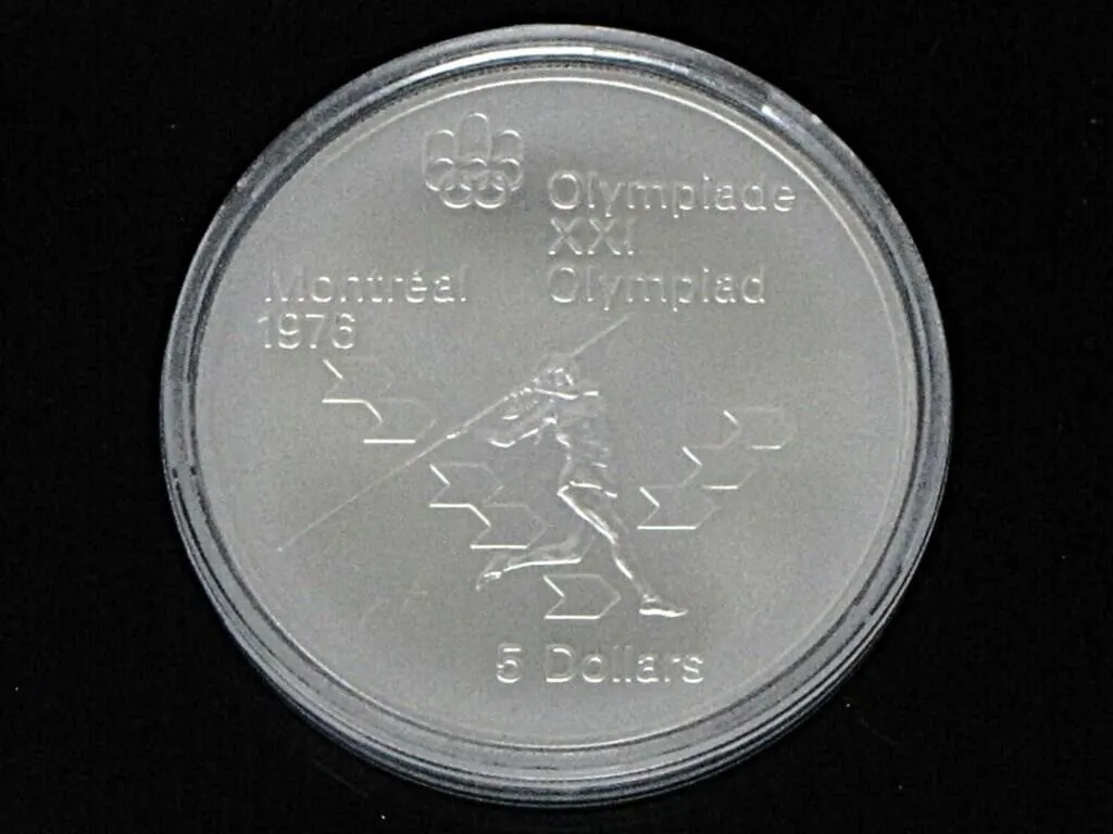 1976 MONTREAL OLYMPICS JAVELIN $5 .925 SILVER COIN