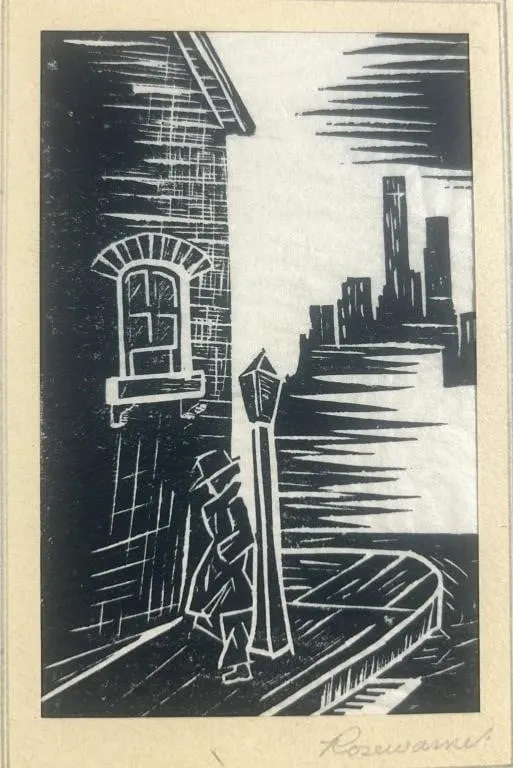 ROBERT V. ROSEWARNE NOCTURNAL CITYSCAPE LINOCUT