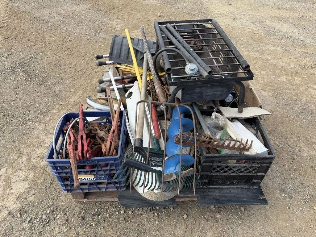 Pallet with Chains, Tow Rope, Ice Auger & More