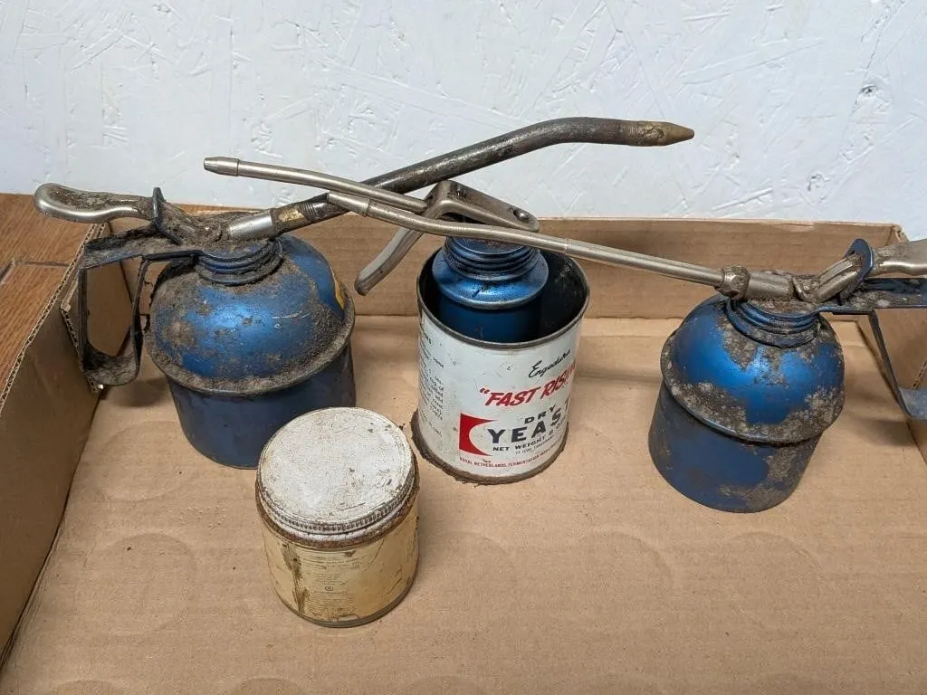 Vintage Metal Pump Oil Can and Green Seal