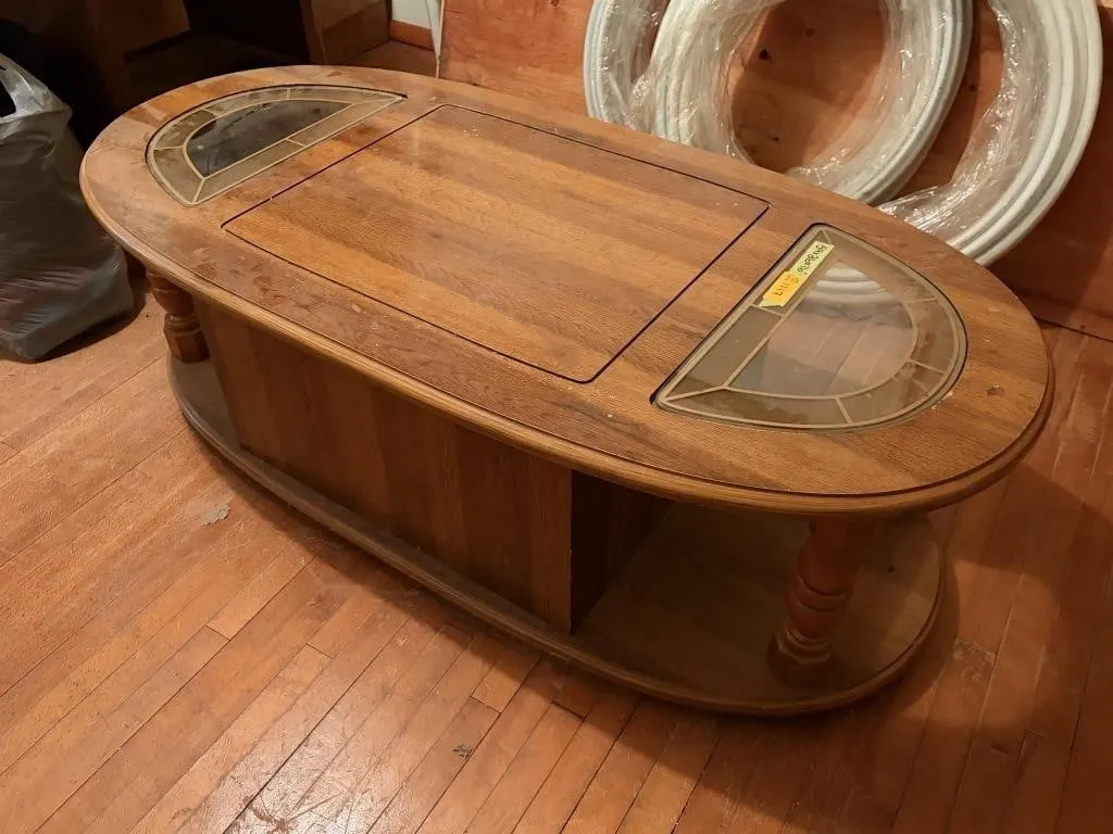 Vintage Wood Coffee Table with Glass Inserts