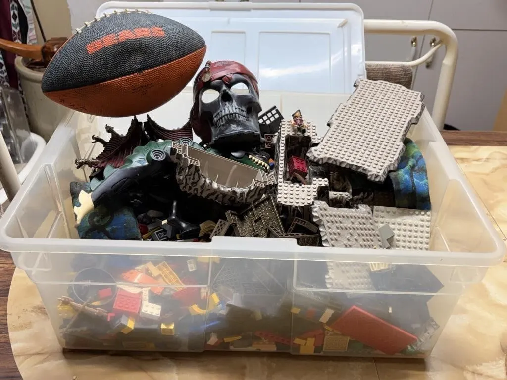 Bin of Toys- lego, etc incl Jack Sparrow
