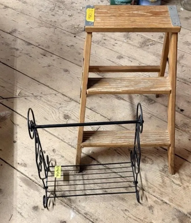 Iron Wire Shelf, Vintage Wooden 2-step ladder