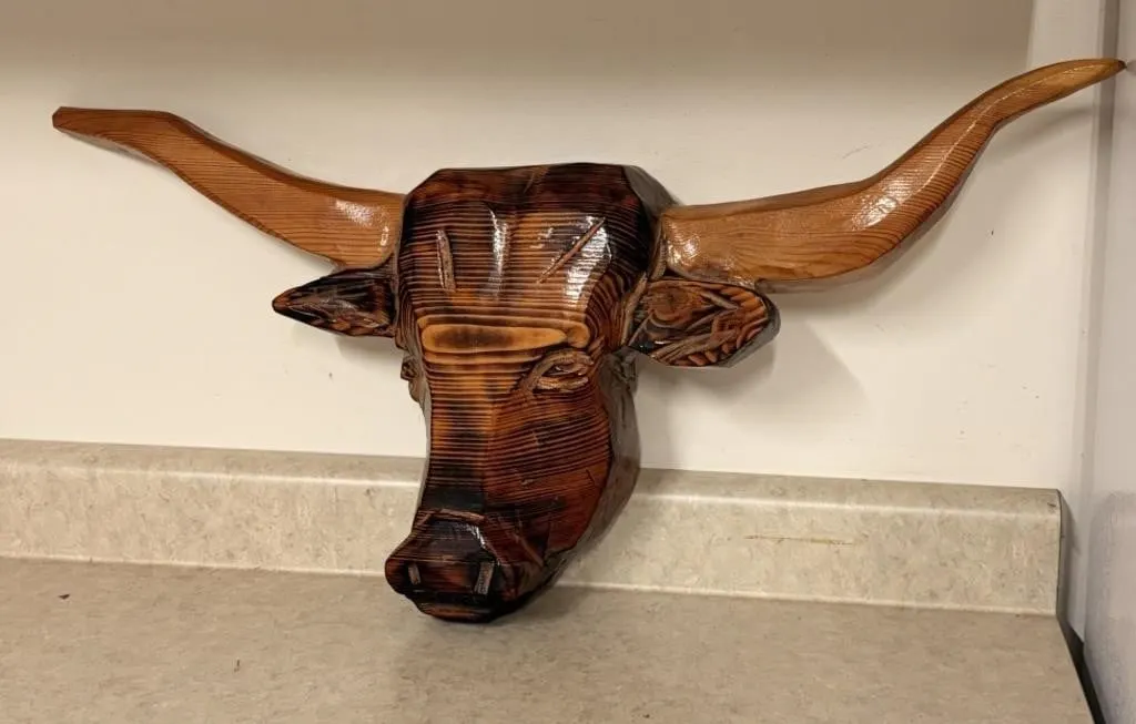 Hand-Carved Wood Long-Horned Bull 28" span