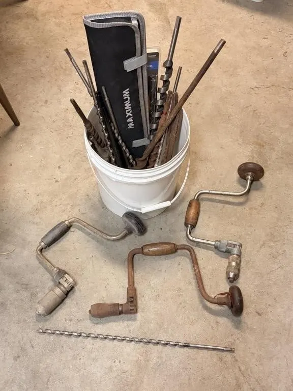 Assortment of manual drills, Bits, and more