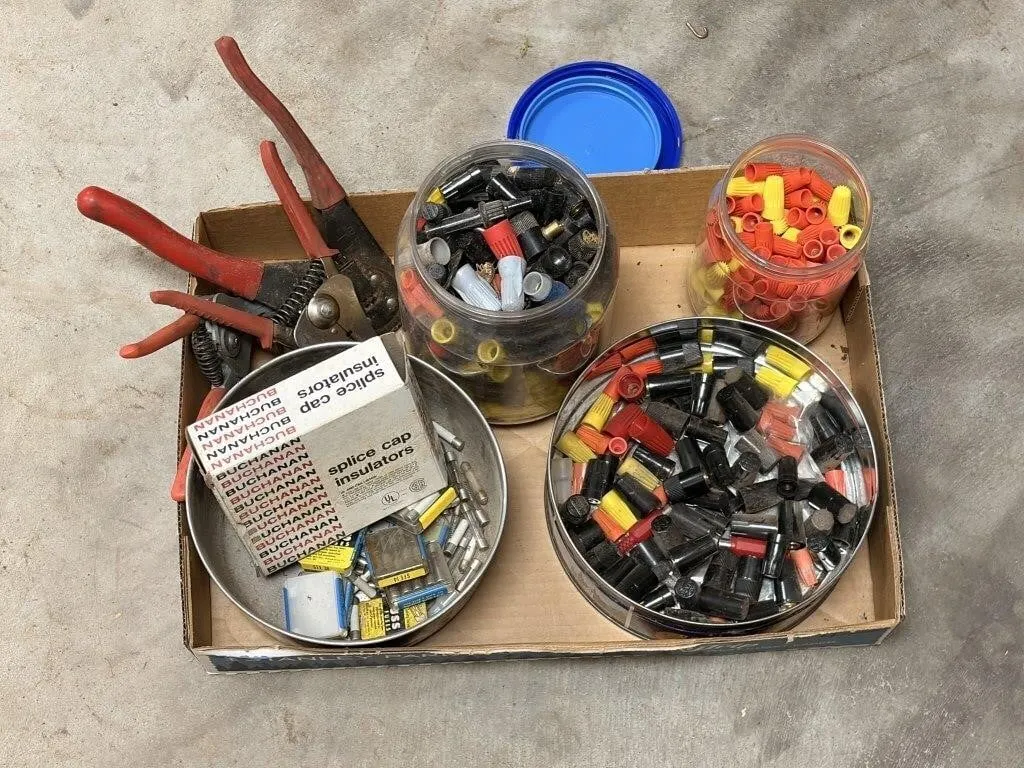 Box of wire strippers, marettes, and more