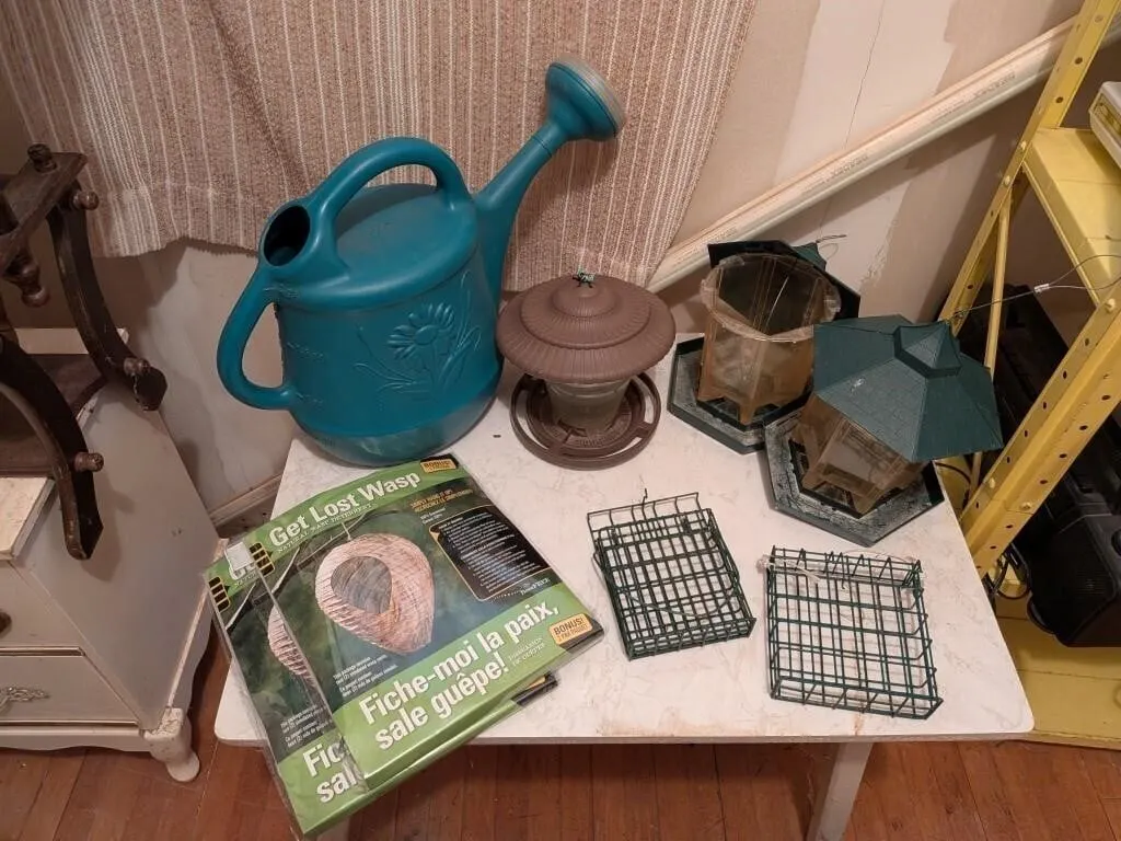 Water Can, Suet Feeders, Wasp Nest Decoys.