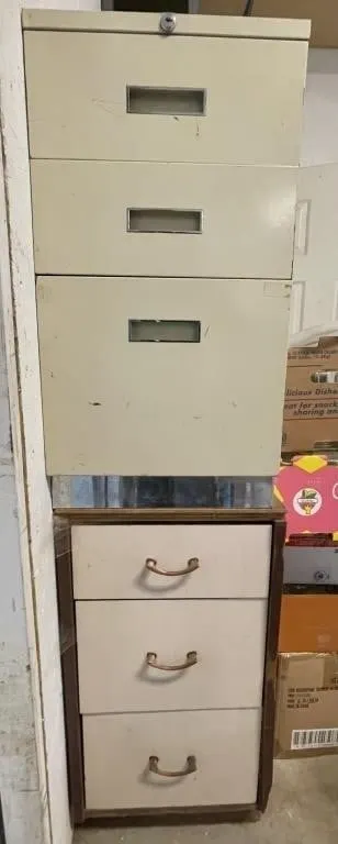 Pair of three-drawer filing cabinets. One metal