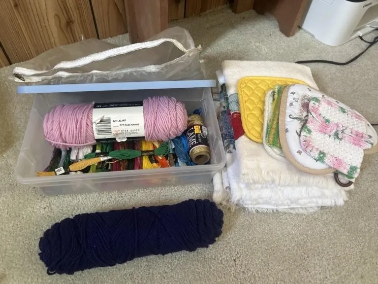 Dish towels, yarn, threading oven pads