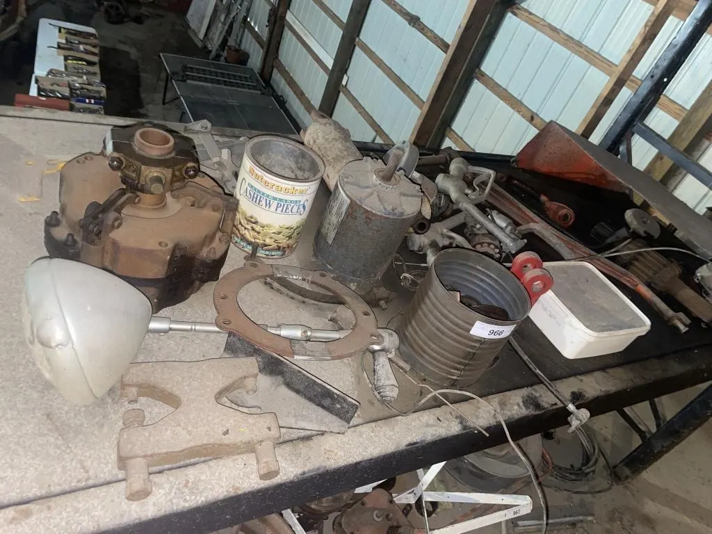 Content of shelf - light, farm tool, tractor