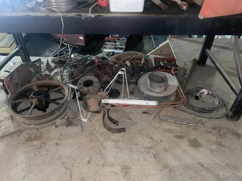 Content under shelf - tractor parts, brackets,