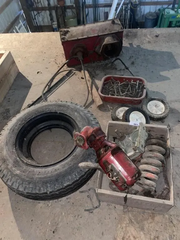 Tractor parts, wooden box, tires