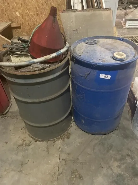 Plastic barrel, metal barrel, funnel, plastic
