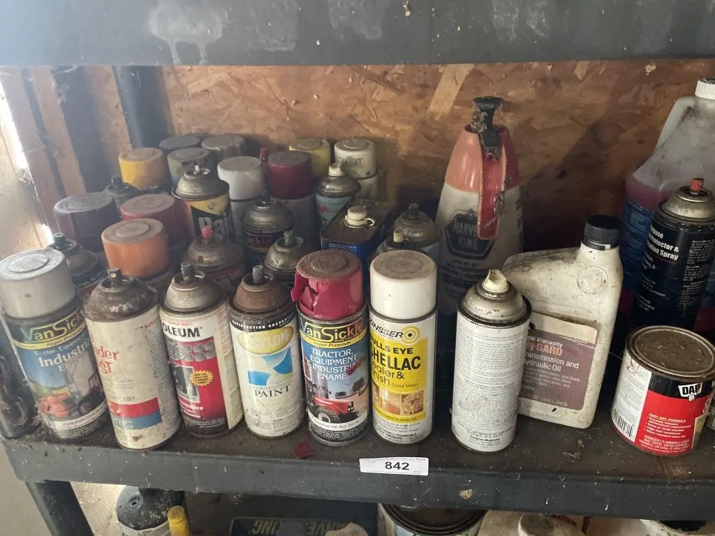 Contents of shelf, misc. paint, chemicals