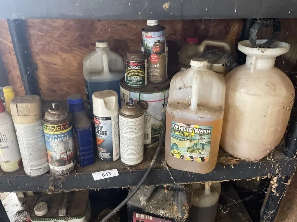 Contents of shelf, paint, propane tank, car wash