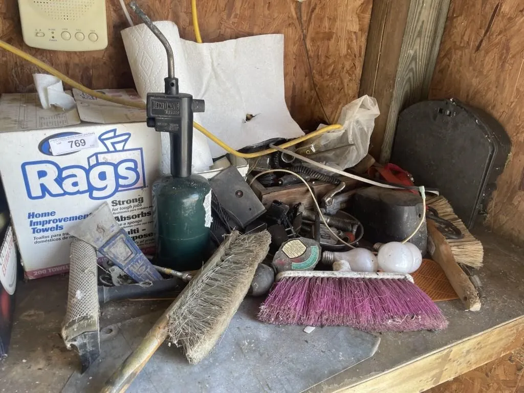 Brushes, shop rags, wooden box misc. items