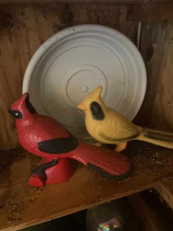 Concrete birds and plastic Bird bath top