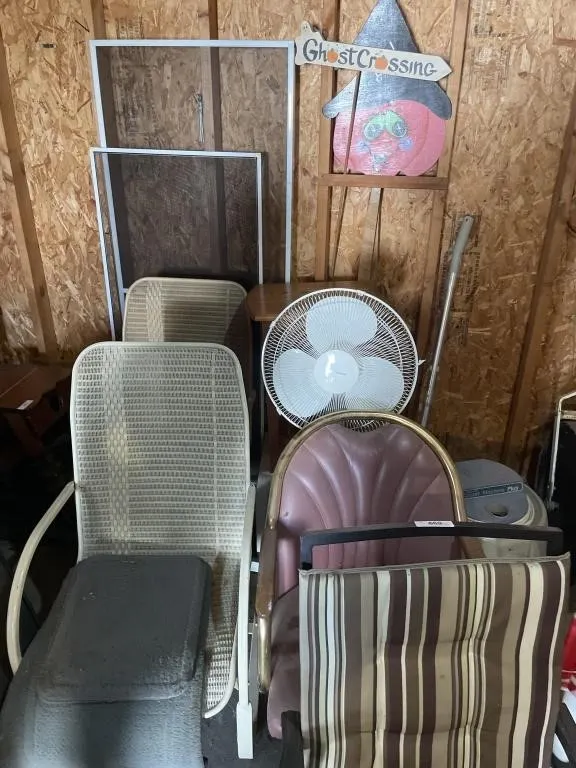 Chairs, fan, wooden tables, carpet machine,