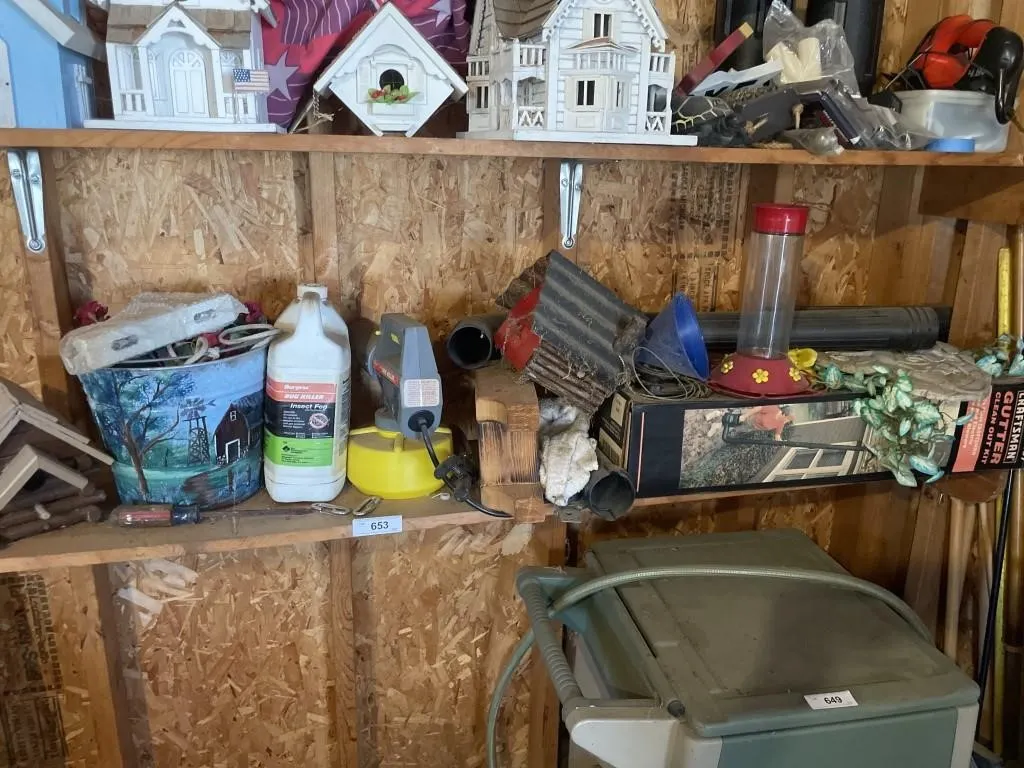 Contents of shelf, fogger, birdhouse, can, gutter