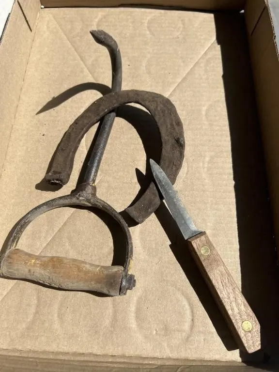 Hay Hook, horseshoe and knife
